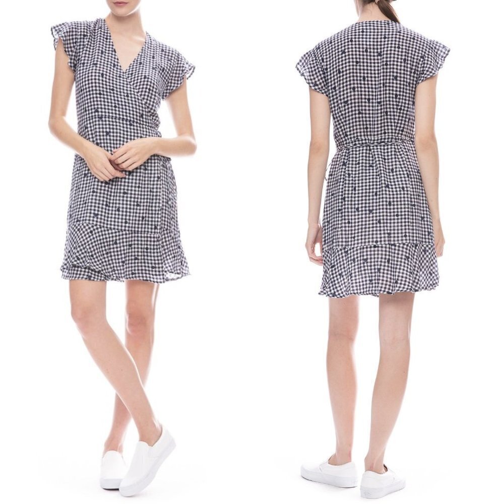 Rails Leanne Gingham Polka Dot Wrap Mini Dress in Navy/White Sz. S NWT